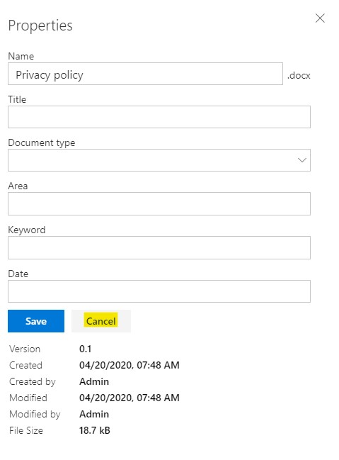 Cancel button shown in property forms