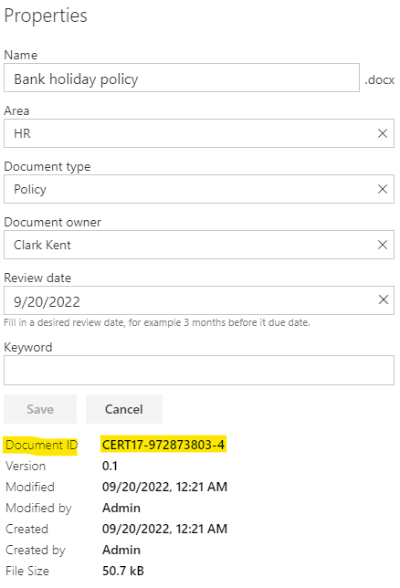 Document ID in document property form