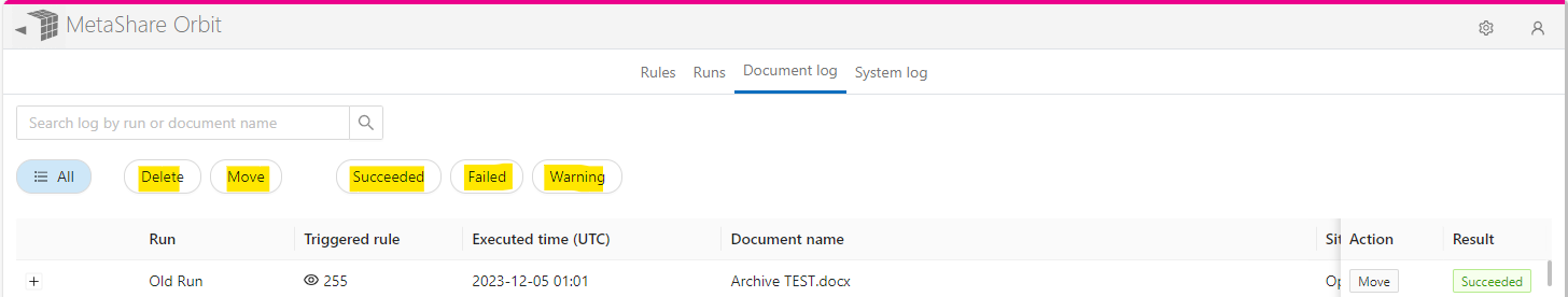 MetaShare Orbit's filters on the document log