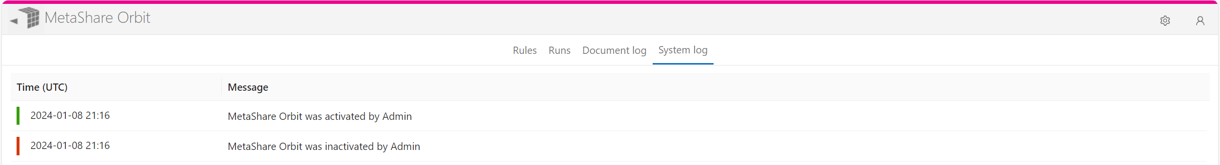 MetaShare Orbit's system log page