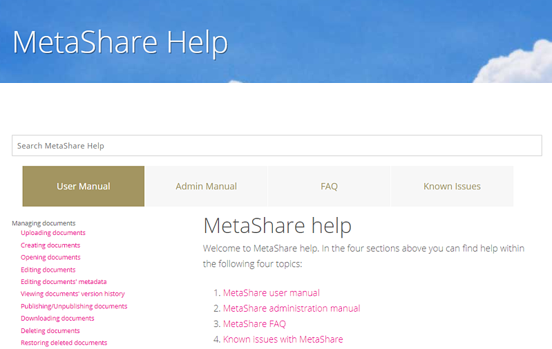 Pages under MetaShare Help